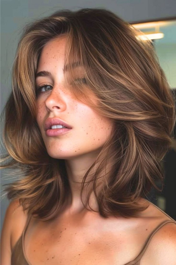 Effortless Layered Shoulder-Length Haircut with Caramel Highlights