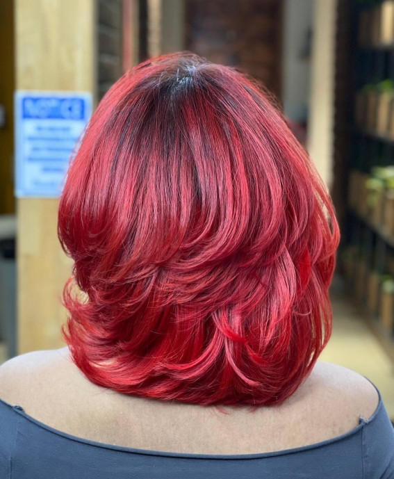 Garnet Red Balayage Medium-Length Haircut with Short Layers