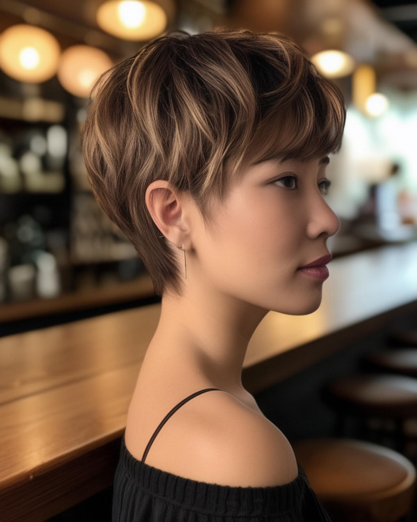 Layered Highlight Pixie, youthful short haircut, pixie haircuts