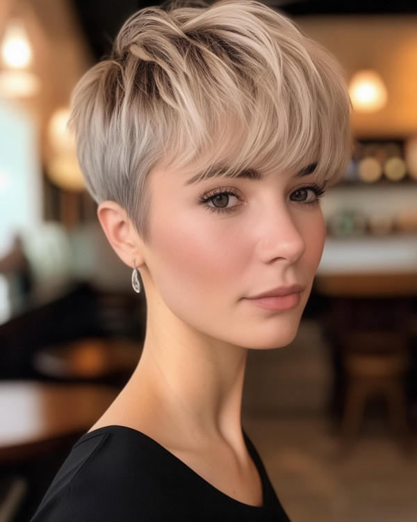 Blonde Layered Pixie, youthful short haircut, pixie haircuts