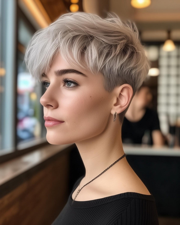 35 Youthful Short Haircuts : Platinum Textured Pixie with Messy Fringe