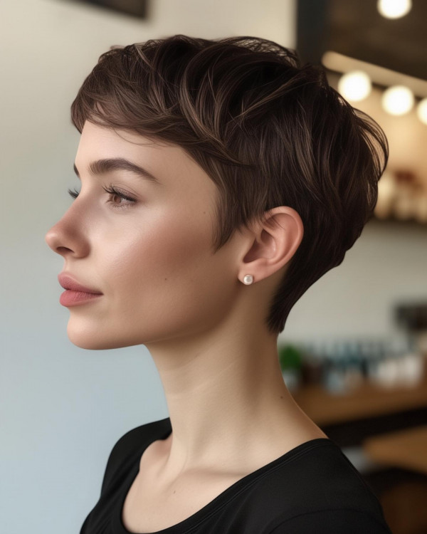 35 Youthful Short Haircuts : Brunette Sleek Modern Pixie