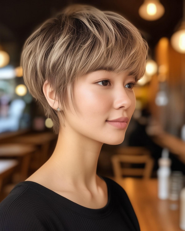 Soft Blonde Layered Pixie, youthful short haircut, pixie haircuts