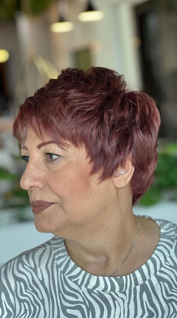 Textured Pixie Haircut for Women Over 60 in Stunning Wine Hue
