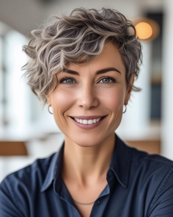 37 Short Haircuts For Women Over 40 : Ash Grey Asymmetrical Curly Pixie