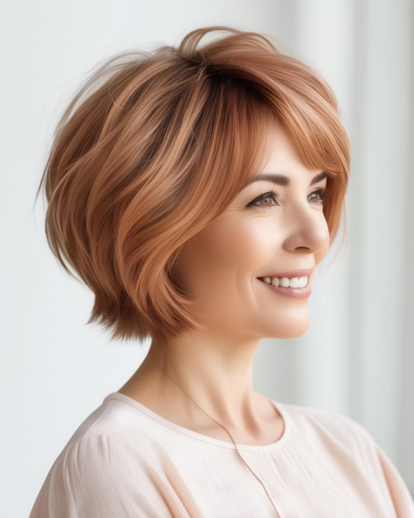 37 Short Haircuts For Women Over 40 : Copper Bob with Side-Swept Bangs