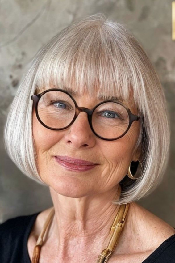 Classic Chin Length Bob For Women Over 60 with Glasses