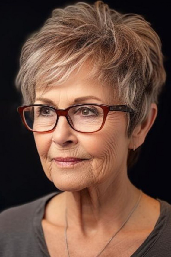 Trendy Textured Pixie Haircut for Women Over 60 with Glasses