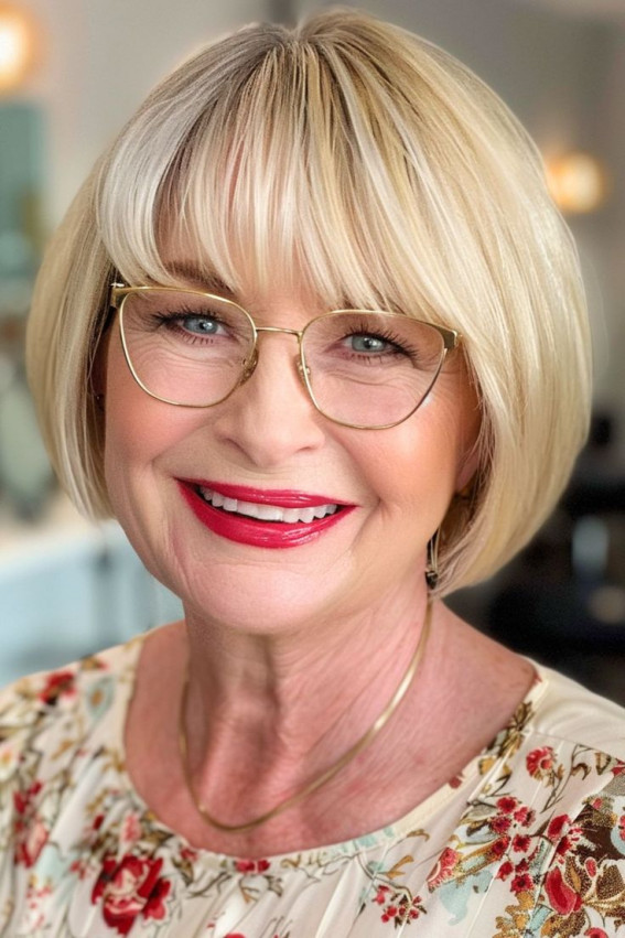 Honey Blonde Chin-Length Bob with Fringe for Women Over 60 with Glasses
