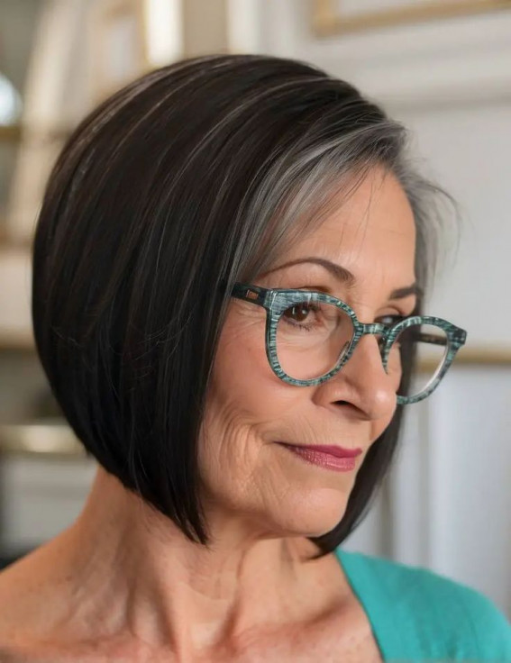 Classic Chin Length Bob For Women Over 60 with Glasses, bob hairstyle with fringe for women over 60 with glasses