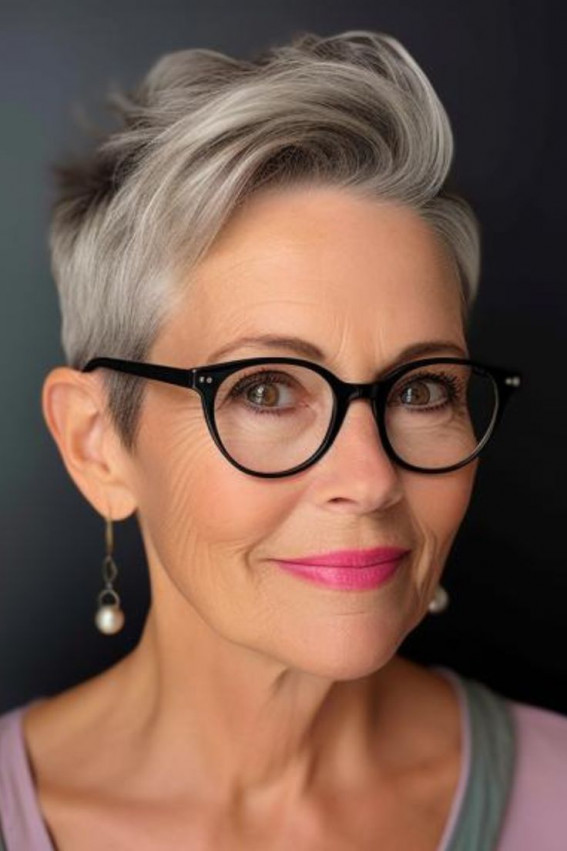 Salt and Pepper Low Maintenance Pixie Haircut for Women Over 60 with Glasses