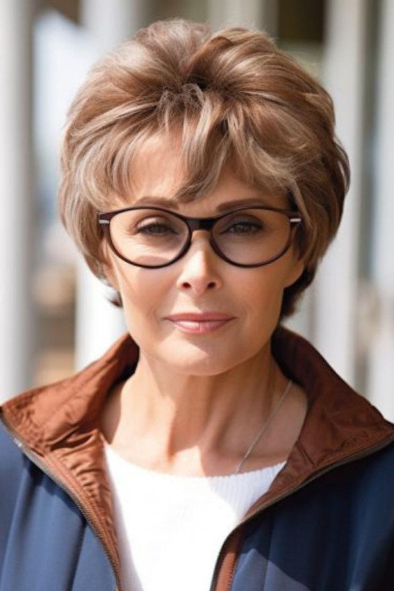 Stylish & Voluminous Bixie Haircut for Women Over 60 with Glasses