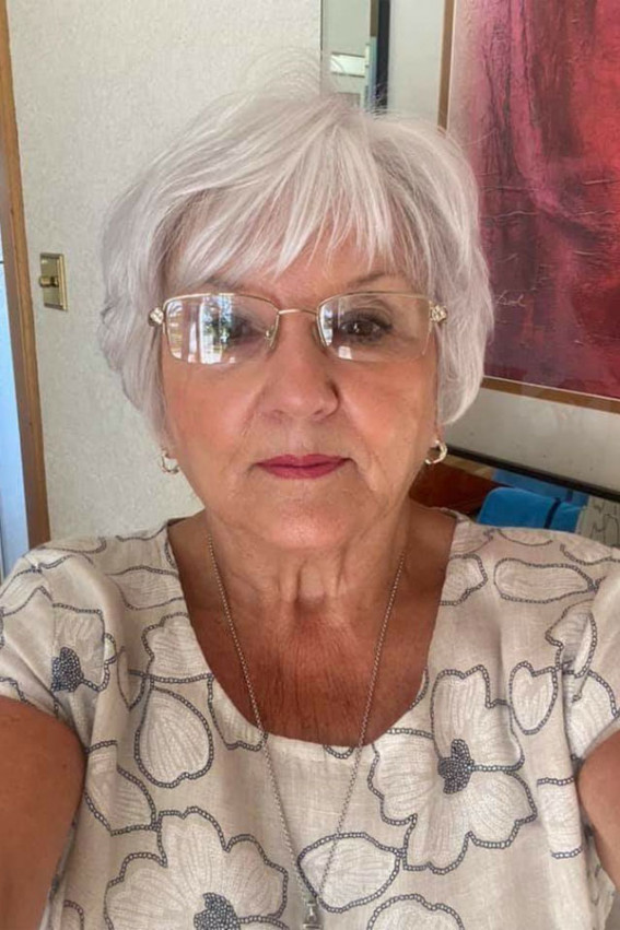 Pearl Platinum Bixie Haircut with Wispy Fringe For Over 60 with Glasses