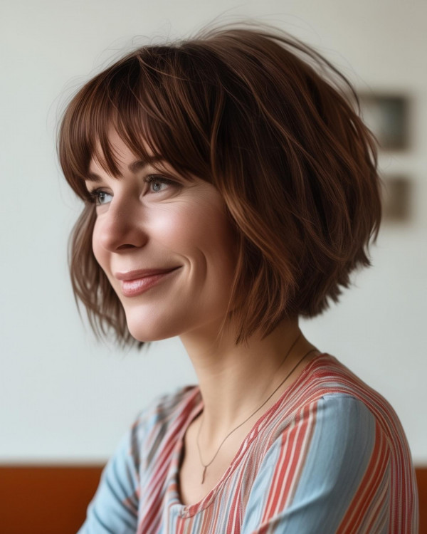 37 Short Haircuts For Women Over 40 : Textured Bob with Bangs