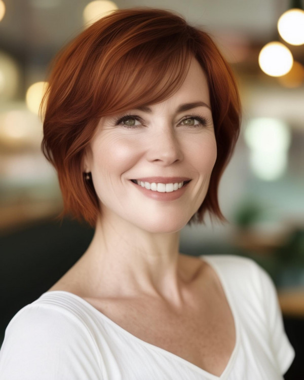 copper bob with swept-bangs, short haircuts for women over 40