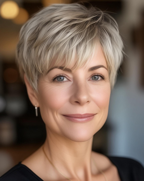 37 Short Haircuts For Women Over 40 : Ash Blonde Layered Pixie