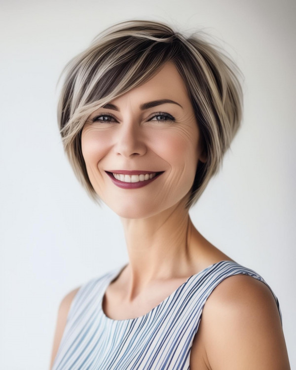 37 Short Haircuts For Women Over 40 : Inverted Bob with Blonde Highlights
