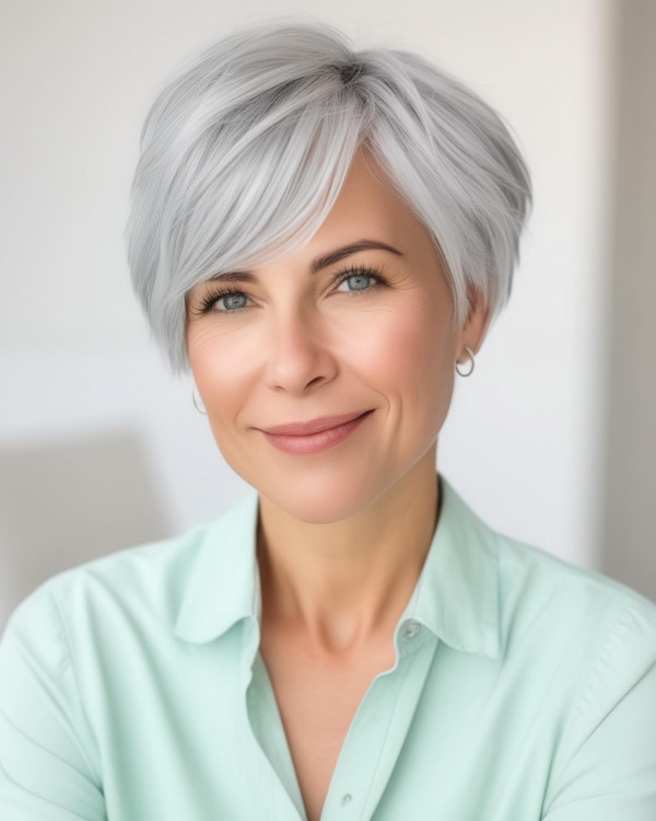 37 Short Haircuts For Women Over 40 : Silver-Mint Sleek Bixie