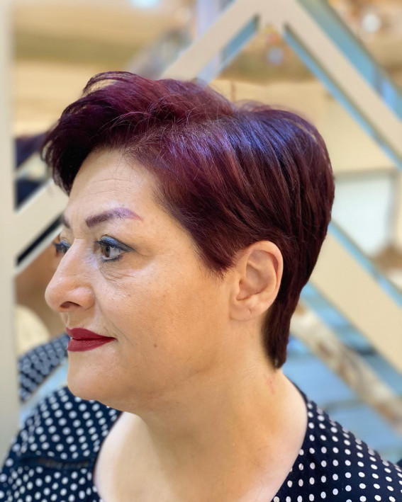 plum hair colour, burgundy hair color, pixie haircut for women over 60, pixie cut for ladies over 60