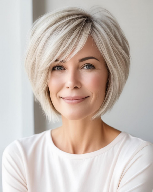 37 Short Haircuts For Women Over 40 : Blonde Layered Bob with Fringe