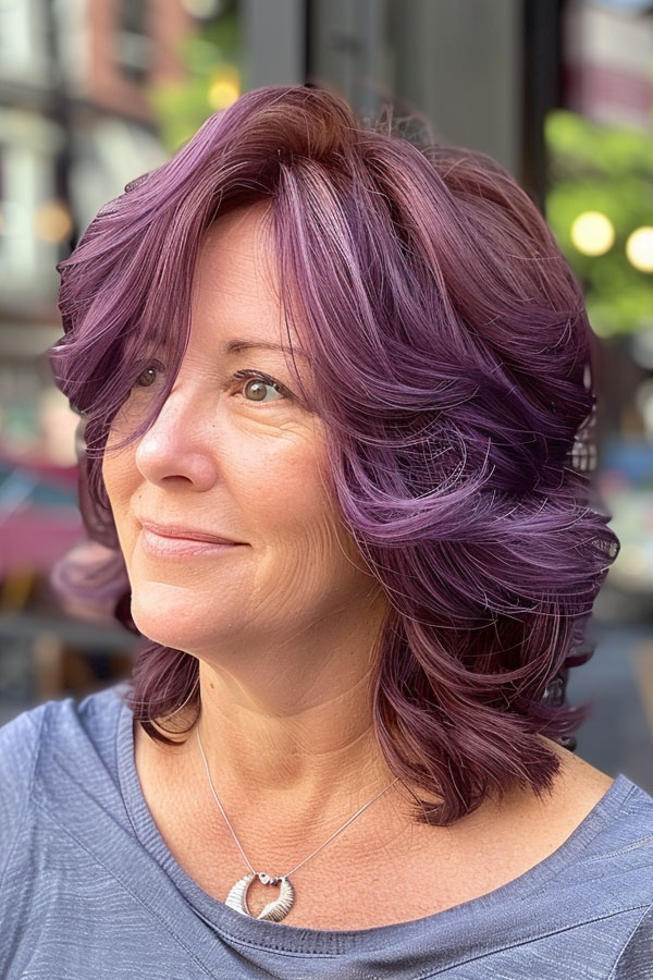 30 Mid-Length Hairstyles For Over 60 : Vibrant Purple Feathered Layers