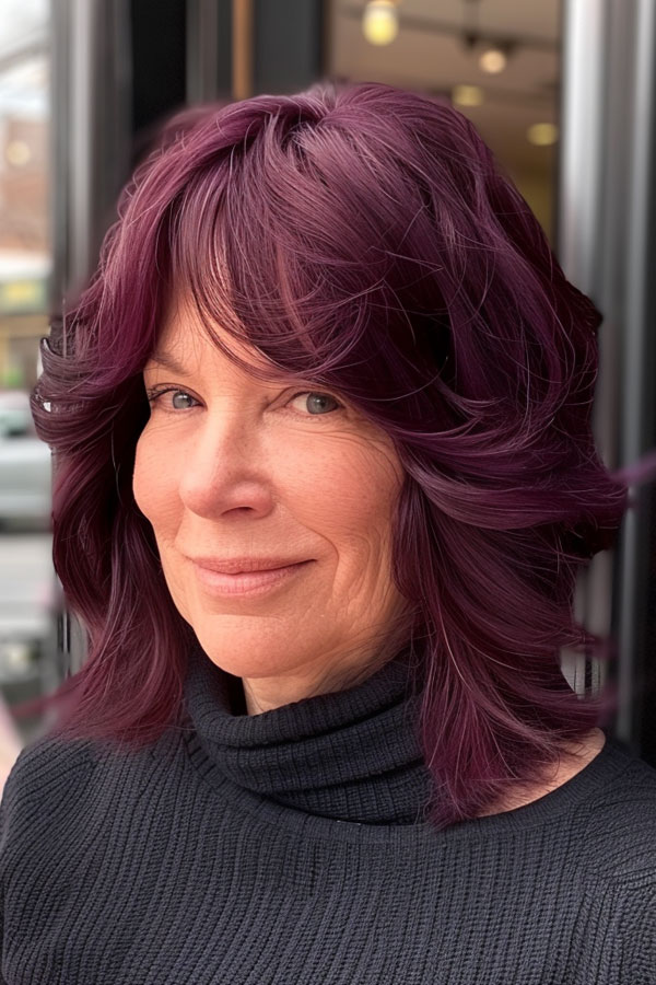 30 Mid-Length Hairstyles For Over 60 : Deep Plum Layers