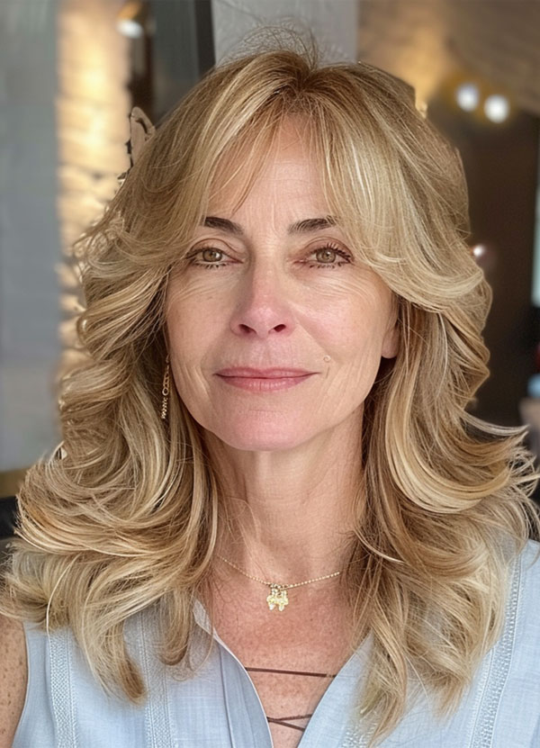 30 Mid-Length Hairstyles For Over 60 : Golden Blonde Layered Waves