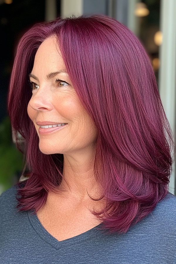 30 Mid-Length Hairstyles For Over 60 : Sleek Burgundy Layers