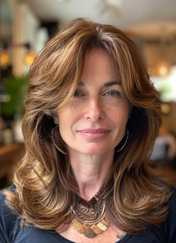 Mid-Length Hairstyles For Over 60, Feathered Layers with Caramel Highlights