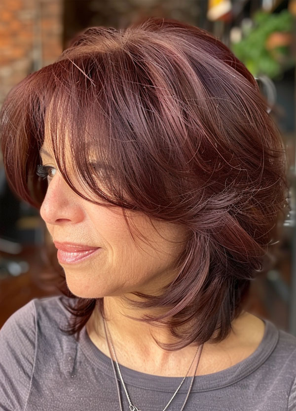 30 Medium-Length Hairstyles For Women Over 50 : Rich Auburn Layers with Curtain Bangs