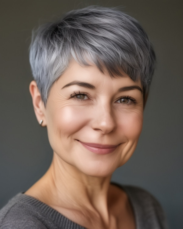 30 Pixie Haircuts for Over 50 : Silver Ash Sleek Pixie