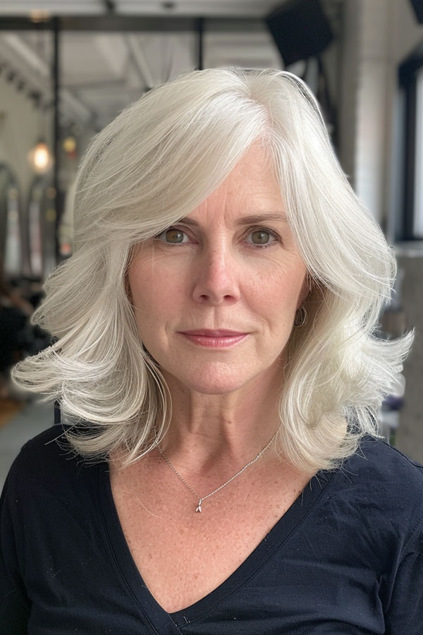 Timeless Silver Waves, icy medium-length hairstyle for women over 50