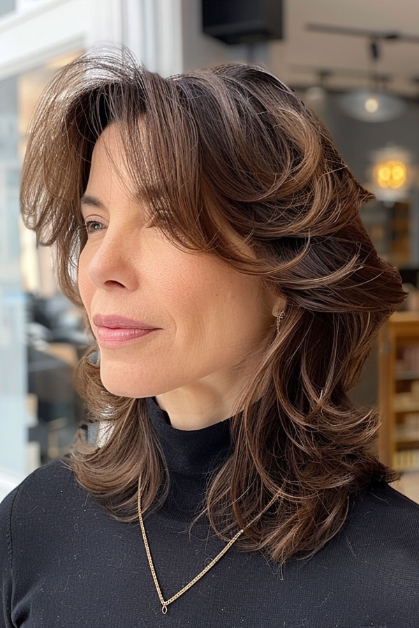 30 Mid-Length Hairstyles For Over 60 : Chocolate Brown Layered Waves