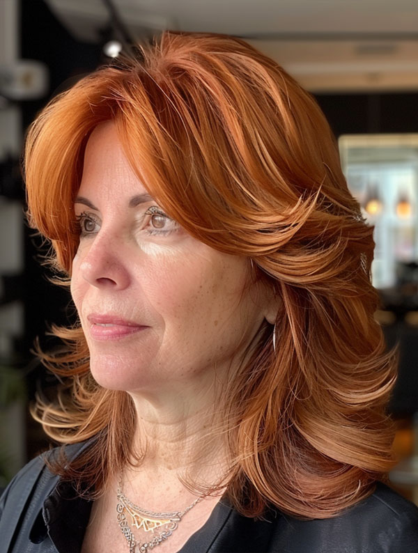 fiery auburn medium-length layers,  Medium-Length Hairstyles For Women Over 50