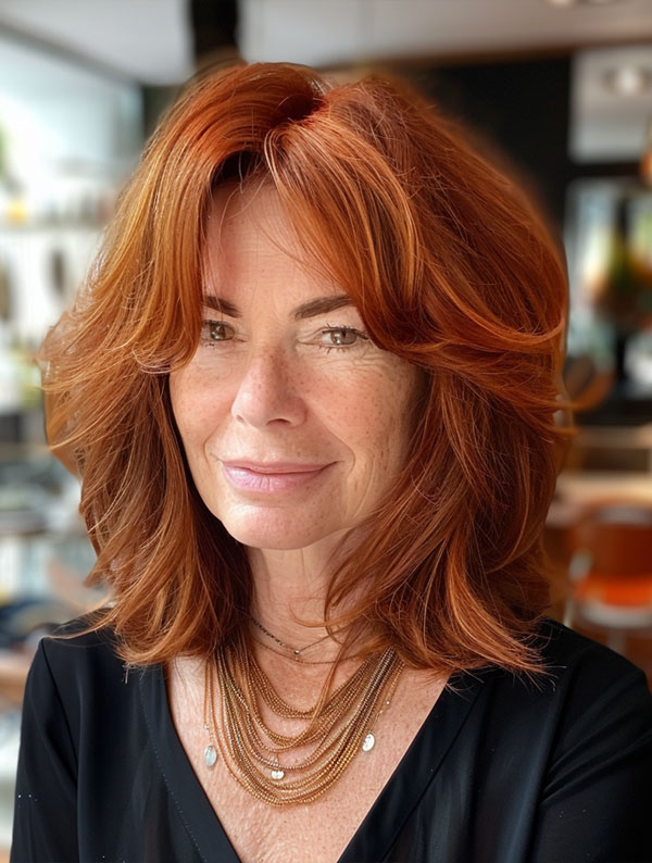 30 Medium-Length Hairstyles For Women Over 50 : Fiery Rich Red Layers