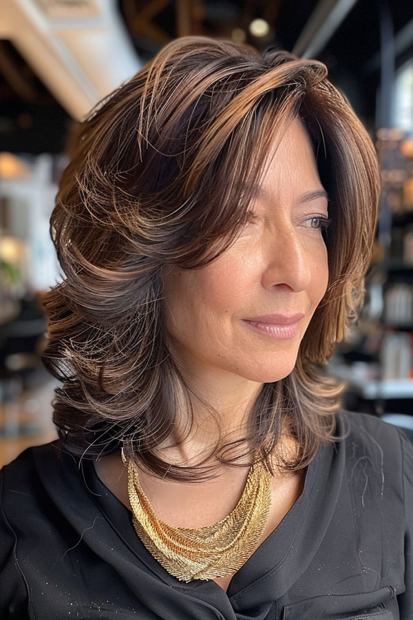 30 Medium-Length Hairstyles For Women Over 50 : Luxurious Layered Brunette