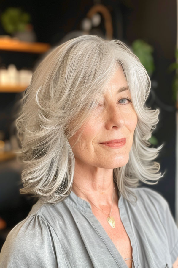 30 Medium-Length Hairstyles For Women Over 50 : Radiant Silver Layers