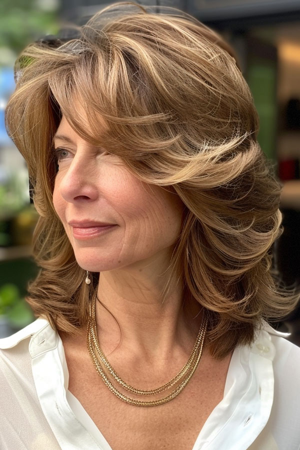 30 Medium-Length Hairstyles For Women Over 50 : Light Golden Brown Layers