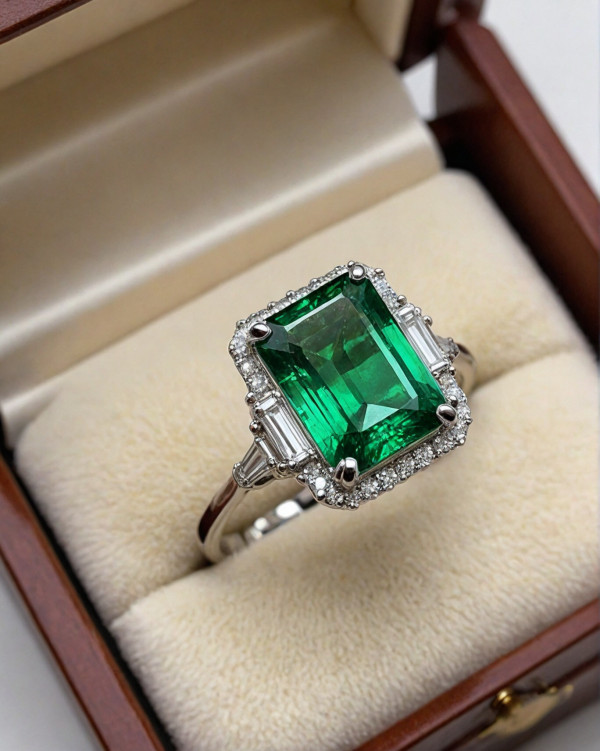 40 Dazzling Engagement Rings : Emerald-Cut Emerald Engagement Ring with Diamond Halo