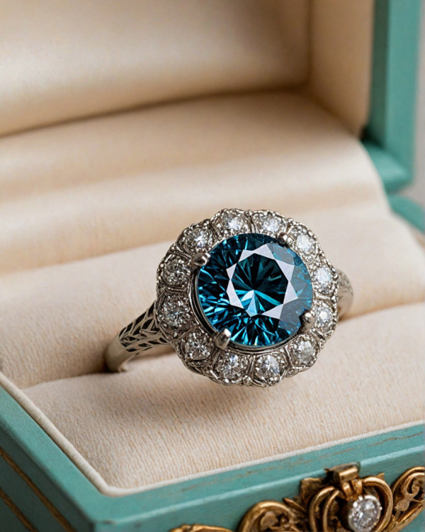 Blue Diamond Halo Engagement Ring, vintage flower engagement ring