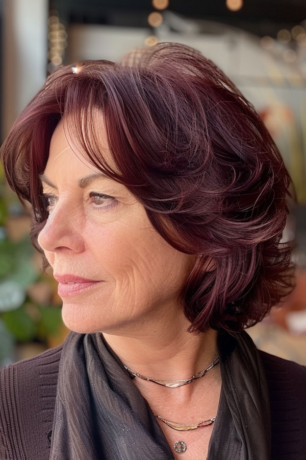 burgundy layered haircut, hairstyle for women over 50