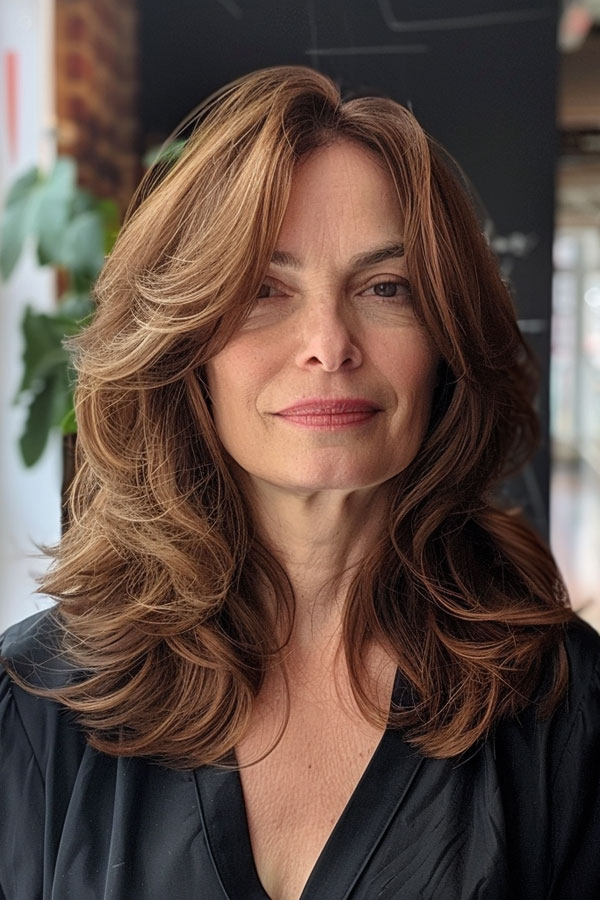 Rich Brunette Feathered Layers for women over 60