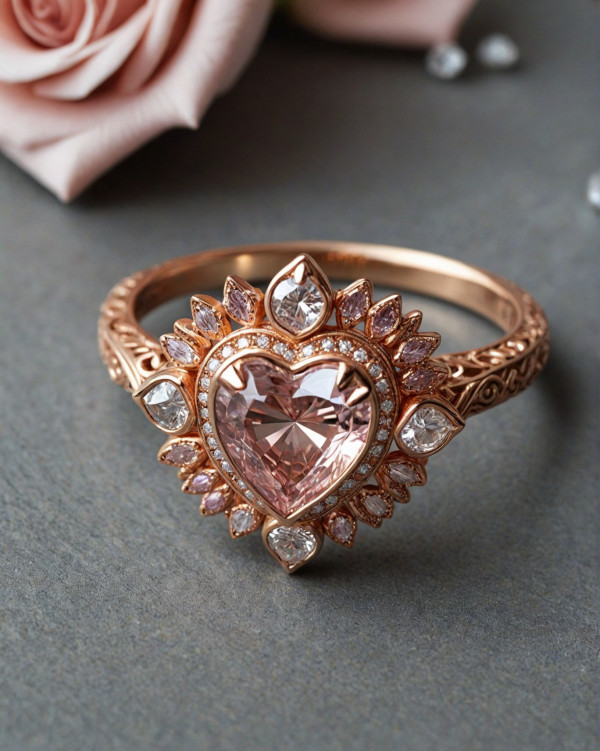 Romantic vintage engagement ring, Heart-Cut Pink Gemstone Engagement Ring