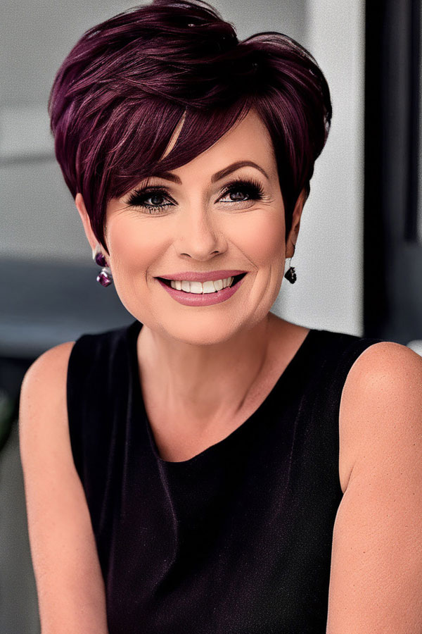 Vibrant Plum Pixie Bob Haircut for women over 50