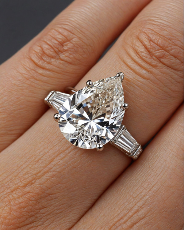 40 Dazzling Engagement Rings : Pear-Cut Diamond Engagement Ring with Baguette Accents