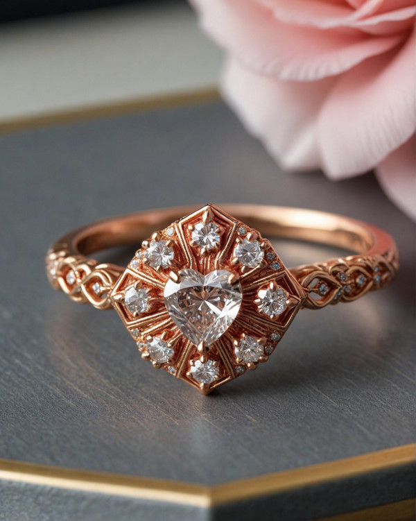 vintage heart-shaped ring, Heart-Cut Diamond Engagement Ring in Rose Gold