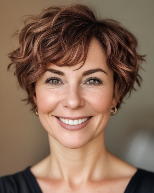 chocolate brown curl pixie haircut for women over 50