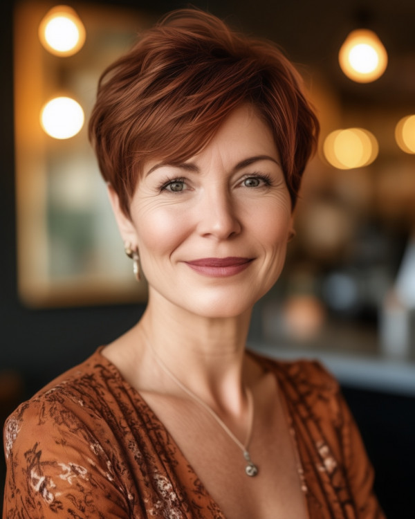 auburn red pixie haircut for women over 50, Auburn Red Youthful Pixie 