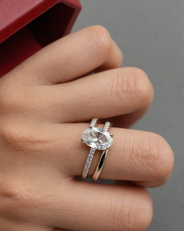 Modern Oval-Cut Diamond Engagement Ring with Pavé Band