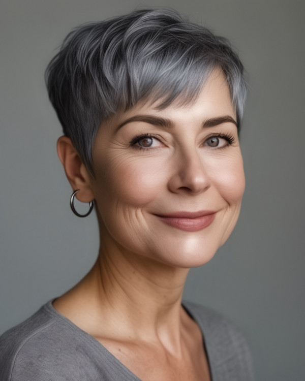 Sleek Silver Grey Pixie, pixie haircut for women over 50